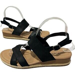 LUCKY‎ BRAND WAEKA WEDGE SANDAL BLACK STRAPY LEATHER WOMEN’S SANDALS SIZE 8 M